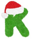 3D Ã¢â¬ÅGreen Wool Fur Feather LetterÃ¢â¬Â Creative Decorative With Red Christmas Hat, Character K Isolated In White Background